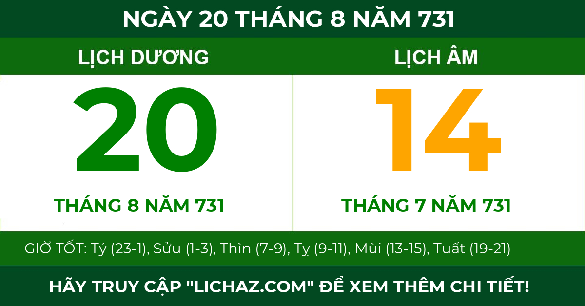 lịch âm ngày 20 tháng 8 năm 731