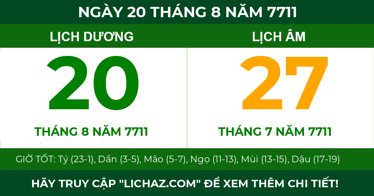 lịch âm ngày 20 tháng 8 năm 7711