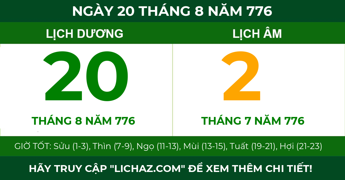 lịch âm ngày 20 tháng 8 năm 776