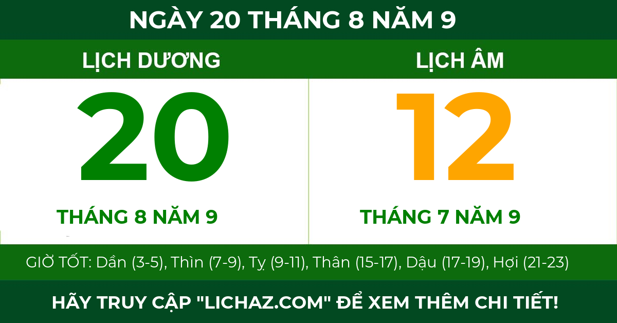 lịch âm ngày 20 tháng 8 năm 9