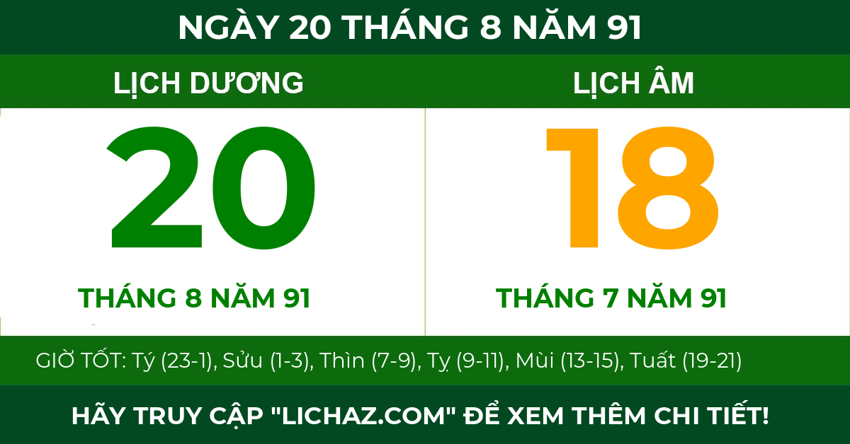 lịch âm ngày 20 tháng 8 năm 91