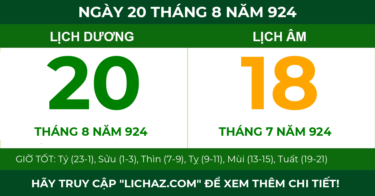 lịch âm ngày 20 tháng 8 năm 924