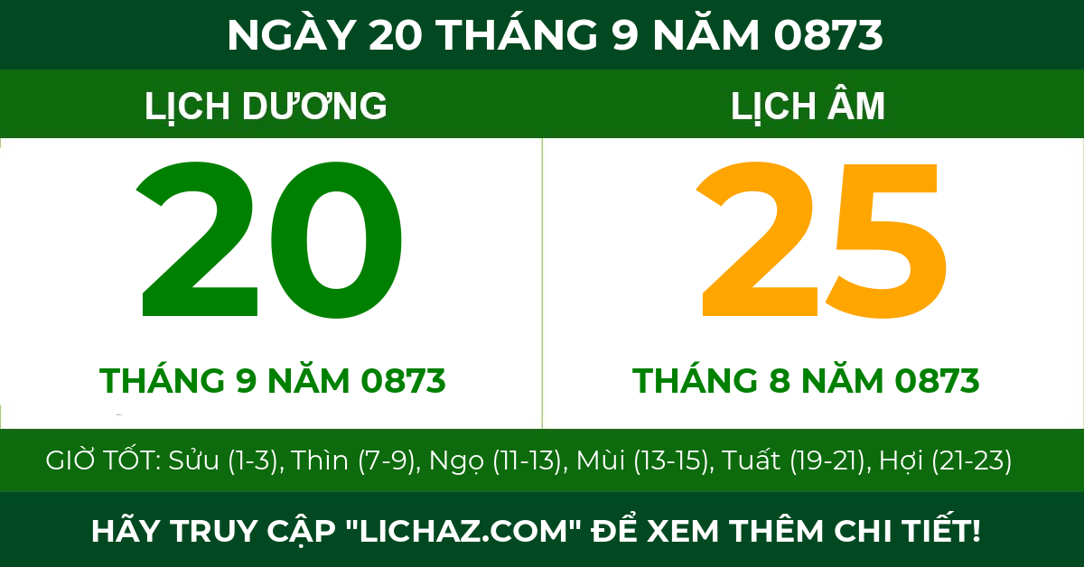 lịch âm ngày 20 tháng 9 năm 0873