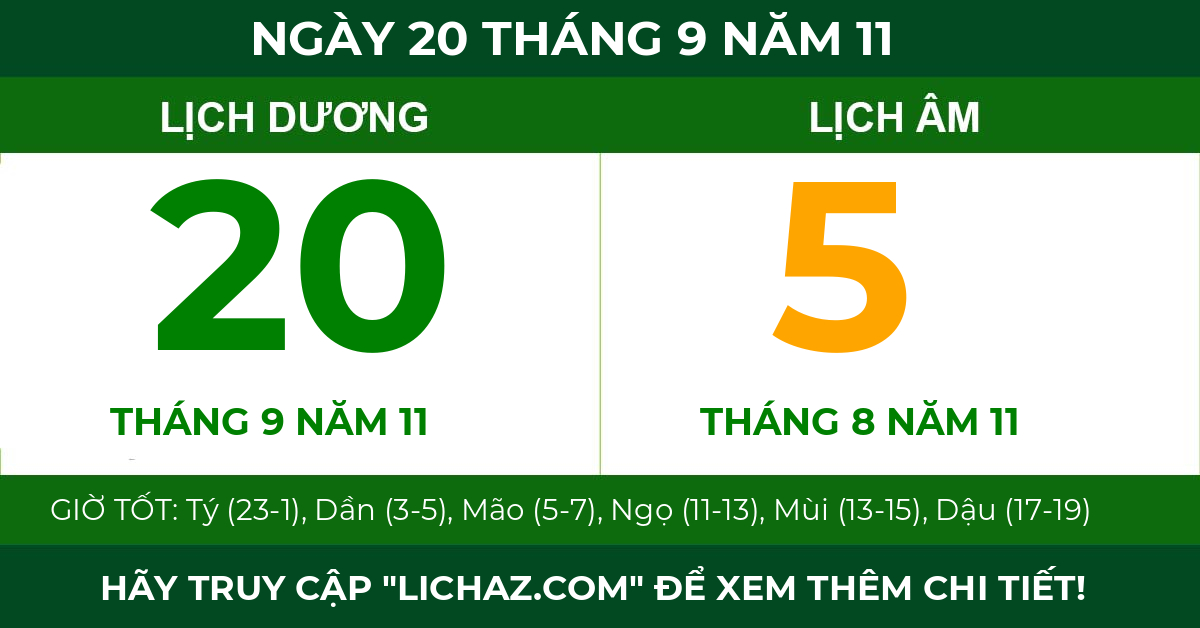 lịch âm ngày 20 tháng 9 năm 11