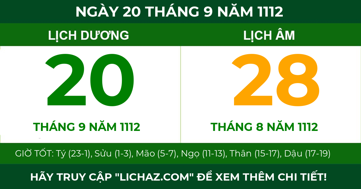 lịch âm ngày 20 tháng 9 năm 1112