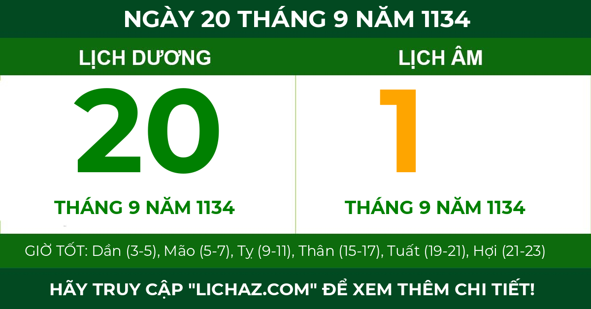 lịch âm ngày 20 tháng 9 năm 1134