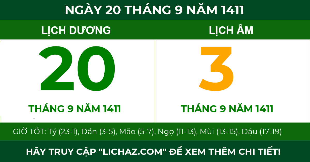 lịch âm ngày 20 tháng 9 năm 1411