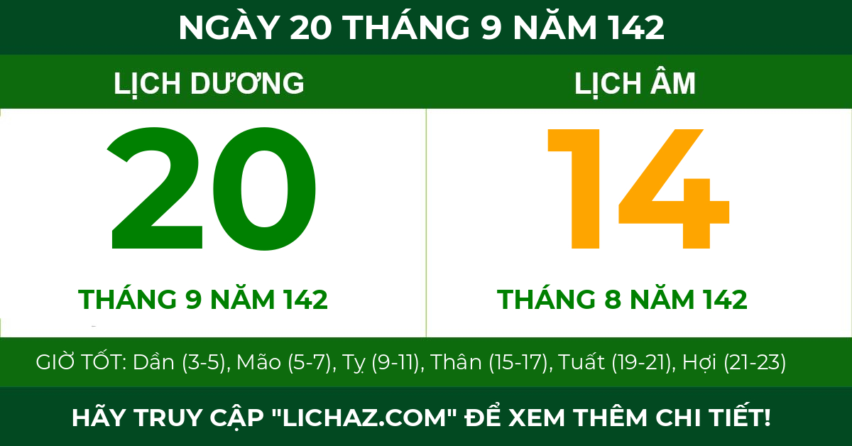 lịch âm ngày 20 tháng 9 năm 142