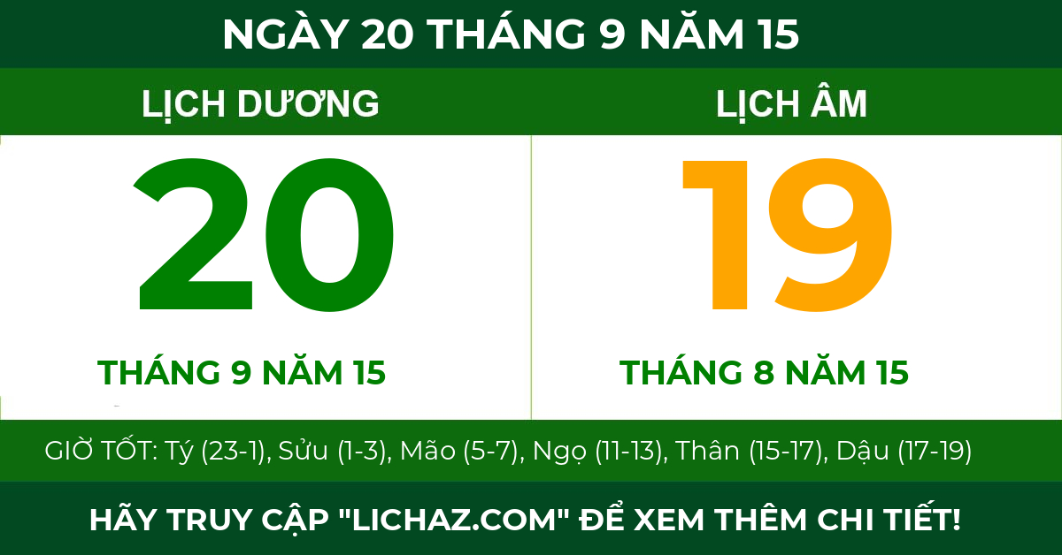 lịch âm ngày 20 tháng 9 năm 15