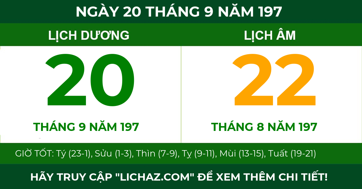 lịch âm ngày 20 tháng 9 năm 197