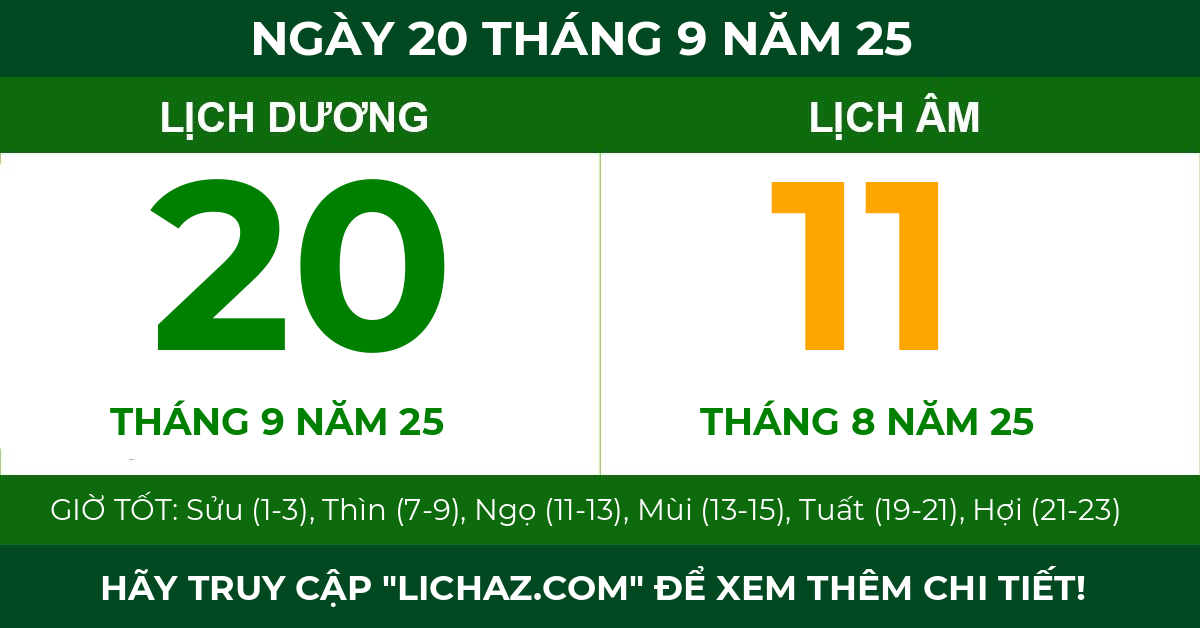 lịch âm ngày 20 tháng 9 năm 25