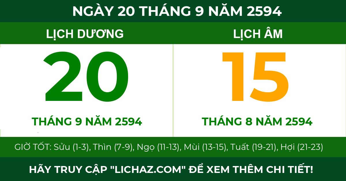lịch âm ngày 20 tháng 9 năm 2594