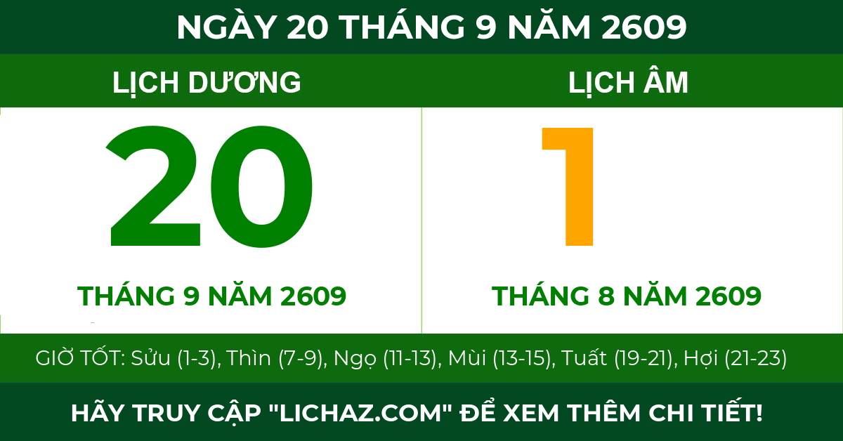 lịch âm ngày 20 tháng 9 năm 2609