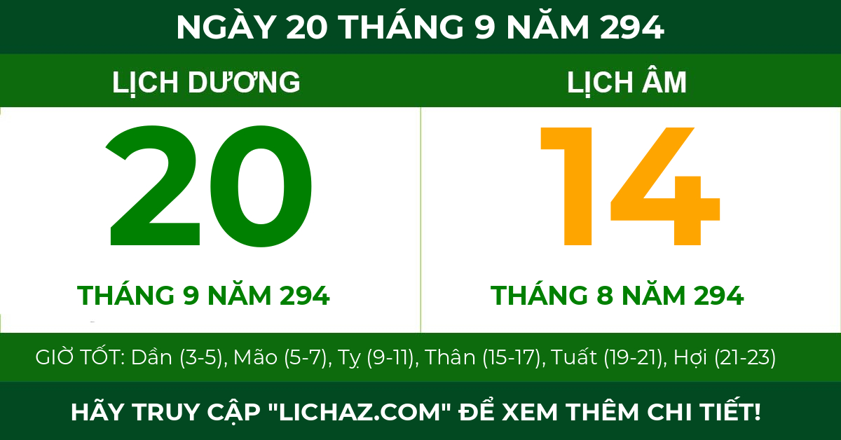 lịch âm ngày 20 tháng 9 năm 294