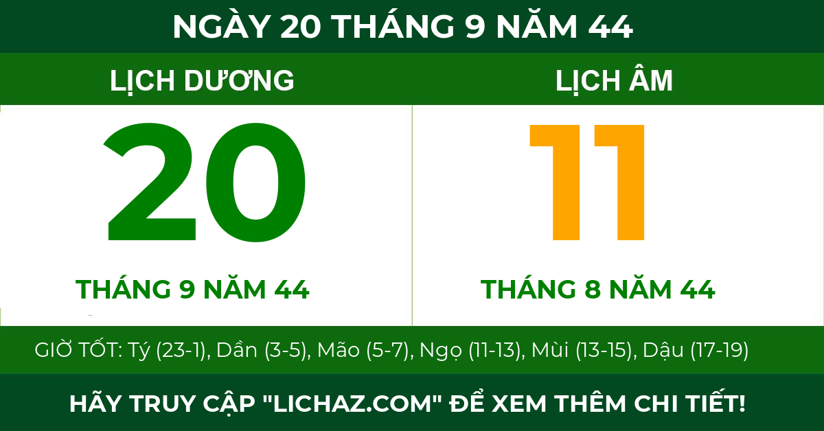 lịch âm ngày 20 tháng 9 năm 44