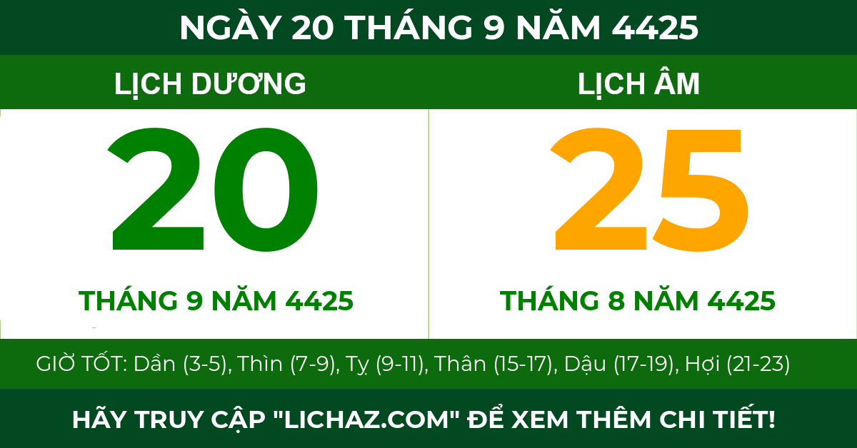 lịch âm ngày 20 tháng 9 năm 4425