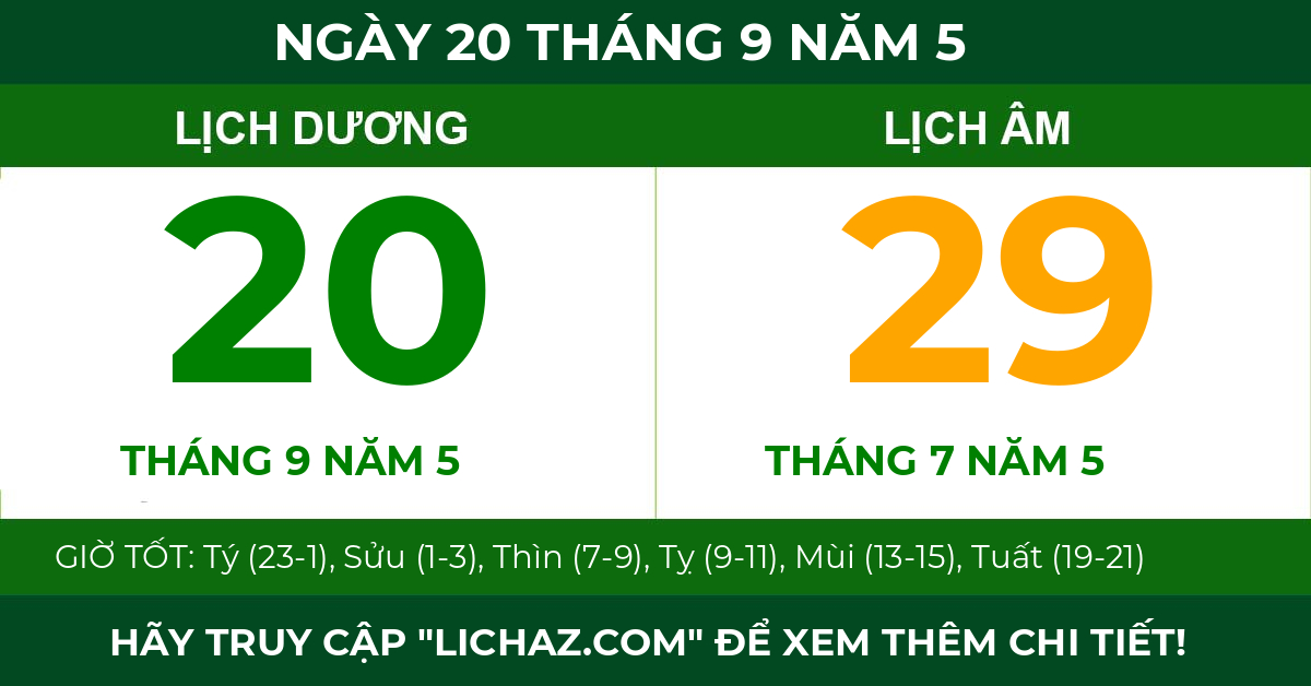 lịch âm ngày 20 tháng 9 năm 5