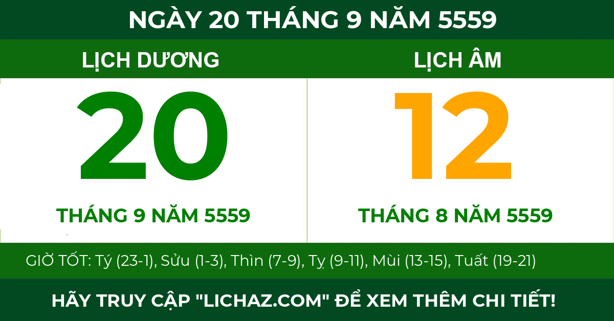 lịch âm ngày 20 tháng 9 năm 5559