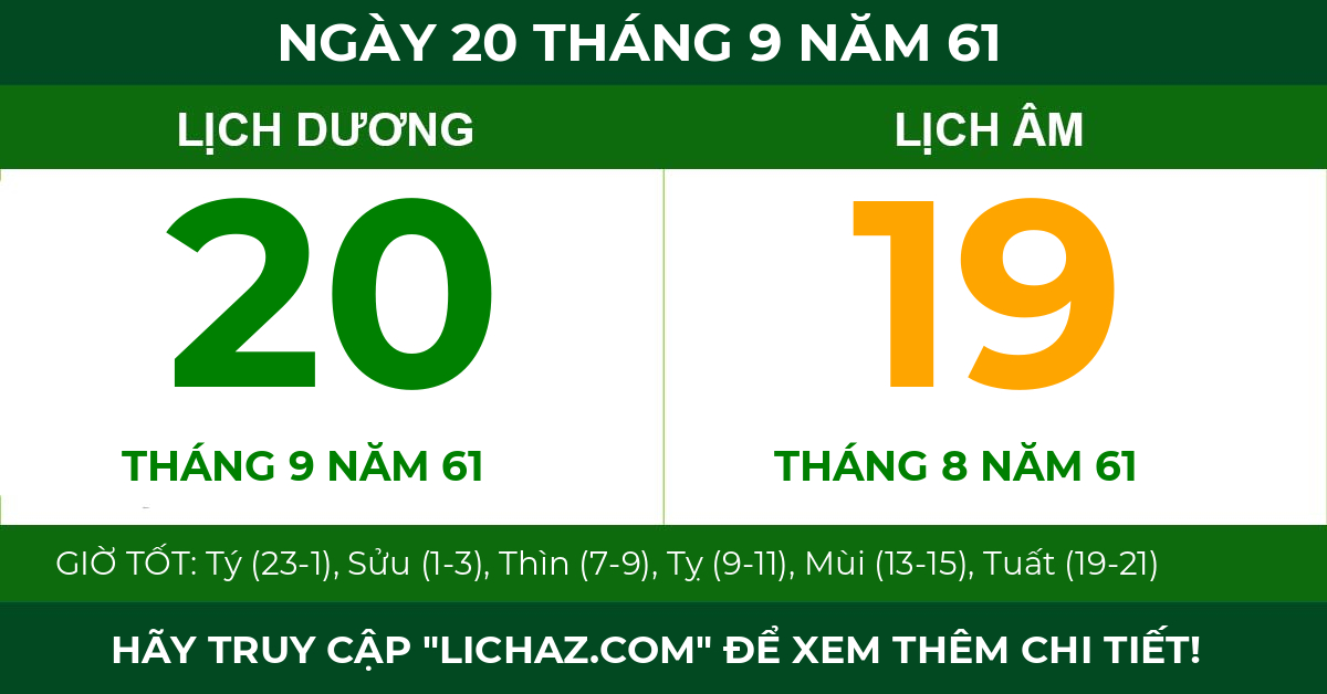 lịch âm ngày 20 tháng 9 năm 61