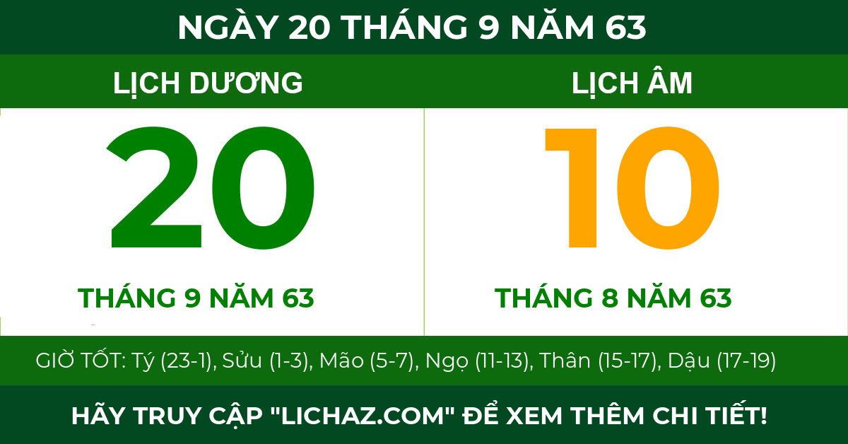 lịch âm ngày 20 tháng 9 năm 63