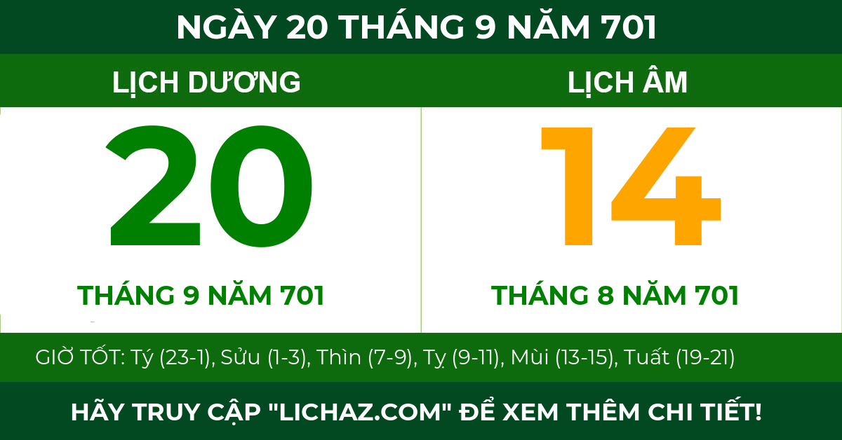 lịch âm ngày 20 tháng 9 năm 701