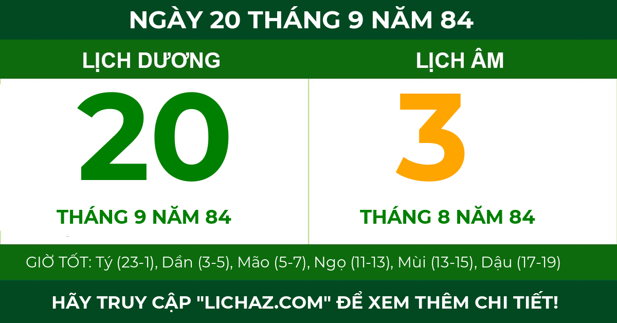 lịch âm ngày 20 tháng 9 năm 84