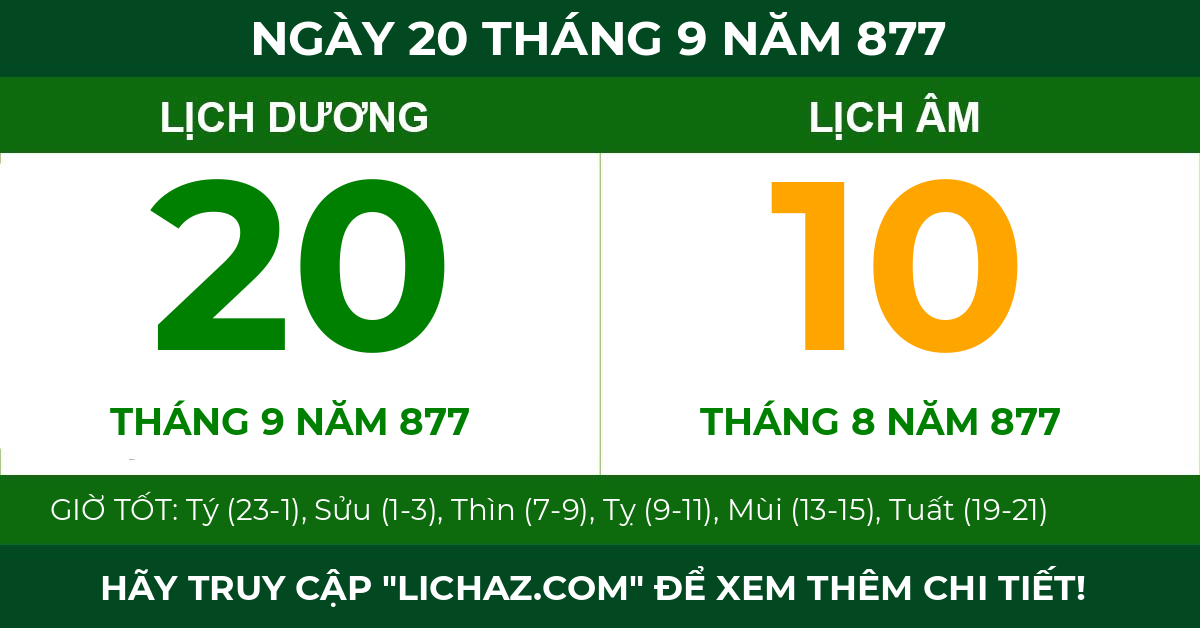 lịch âm ngày 20 tháng 9 năm 877