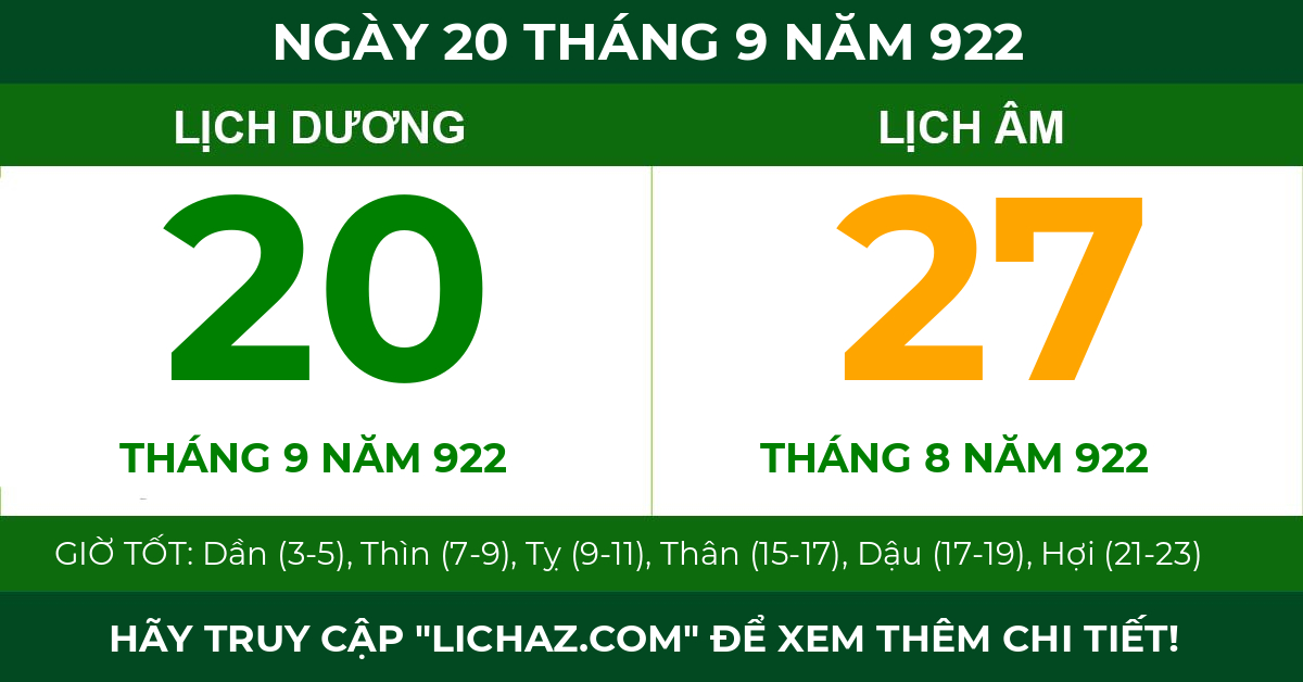 lịch âm ngày 20 tháng 9 năm 922