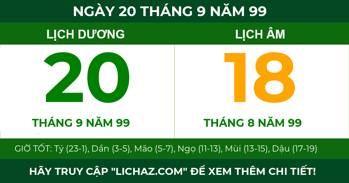 lịch âm ngày 20 tháng 9 năm 99
