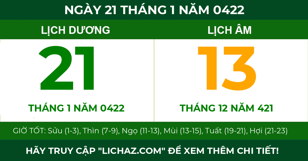 lịch âm ngày 21 tháng 1 năm 0422