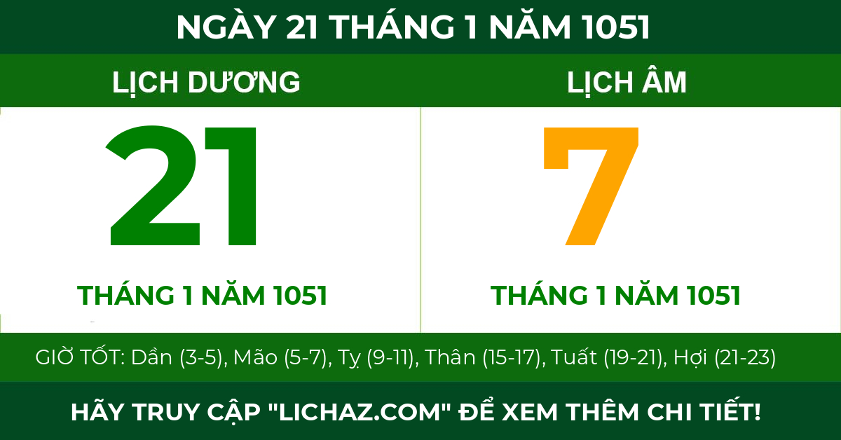 lịch âm ngày 21 tháng 1 năm 1051