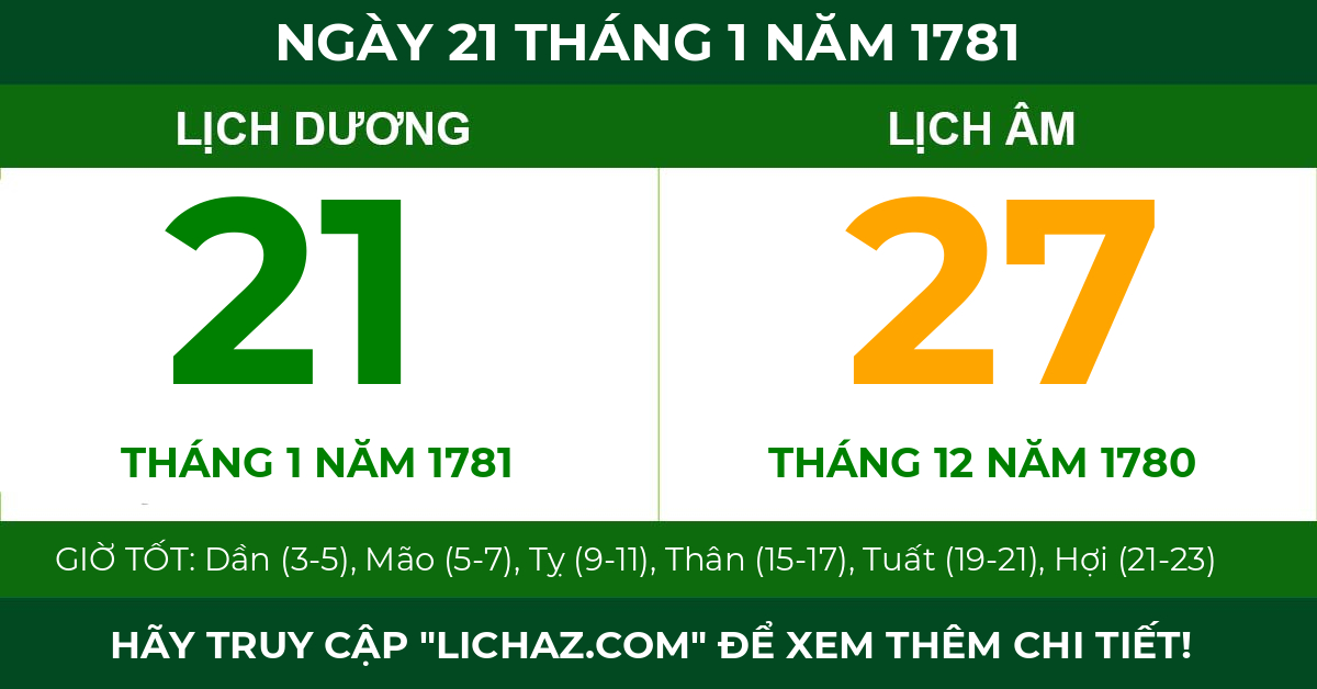 lịch âm ngày 21 tháng 1 năm 1781