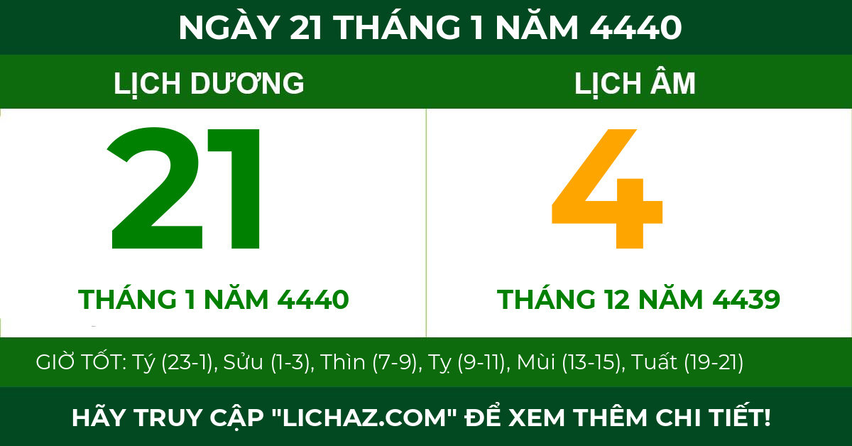 lịch âm ngày 21 tháng 1 năm 4440