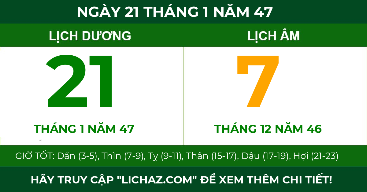 lịch âm ngày 21 tháng 1 năm 47
