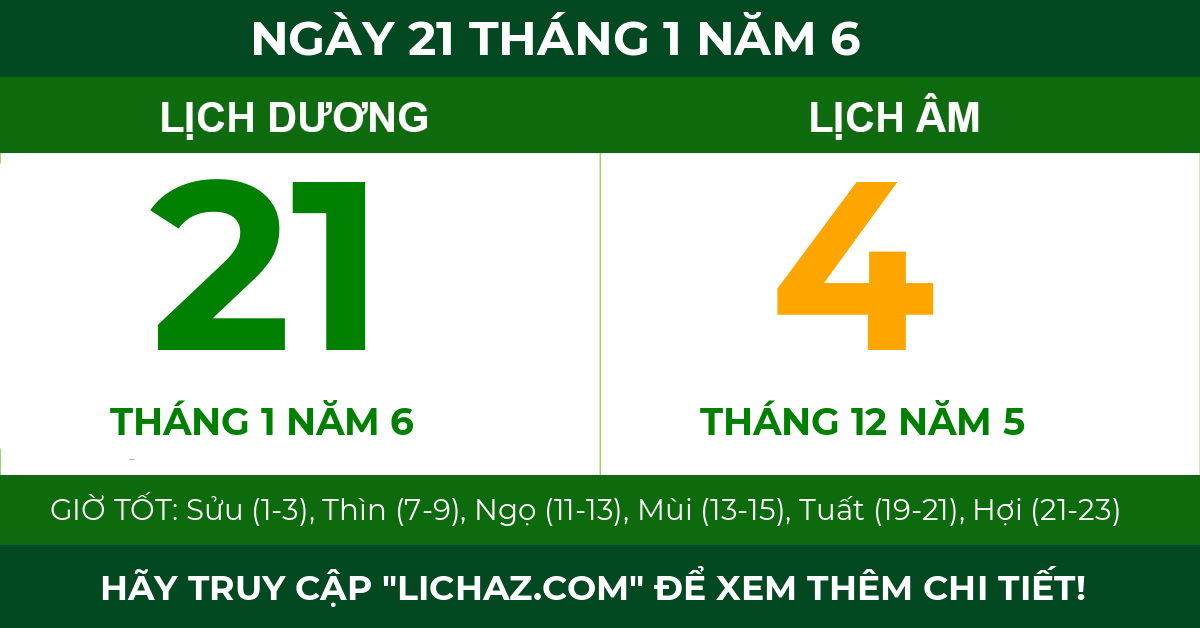 lịch âm ngày 21 tháng 1 năm 6