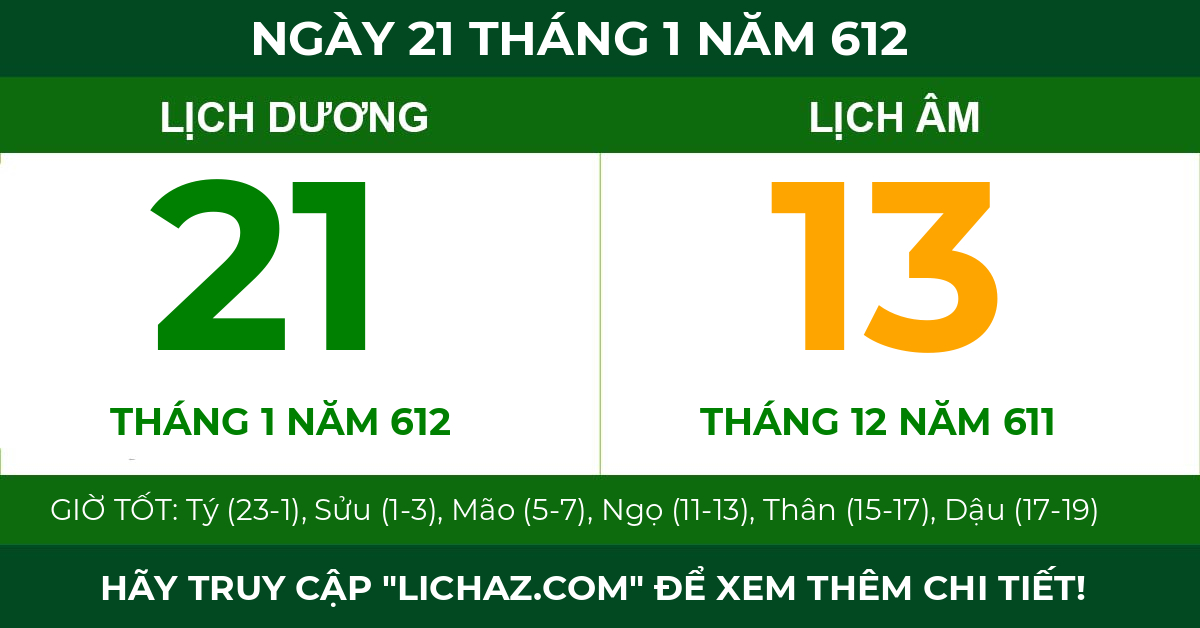 lịch âm ngày 21 tháng 1 năm 612