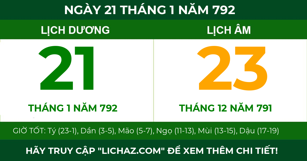 lịch âm ngày 21 tháng 1 năm 792