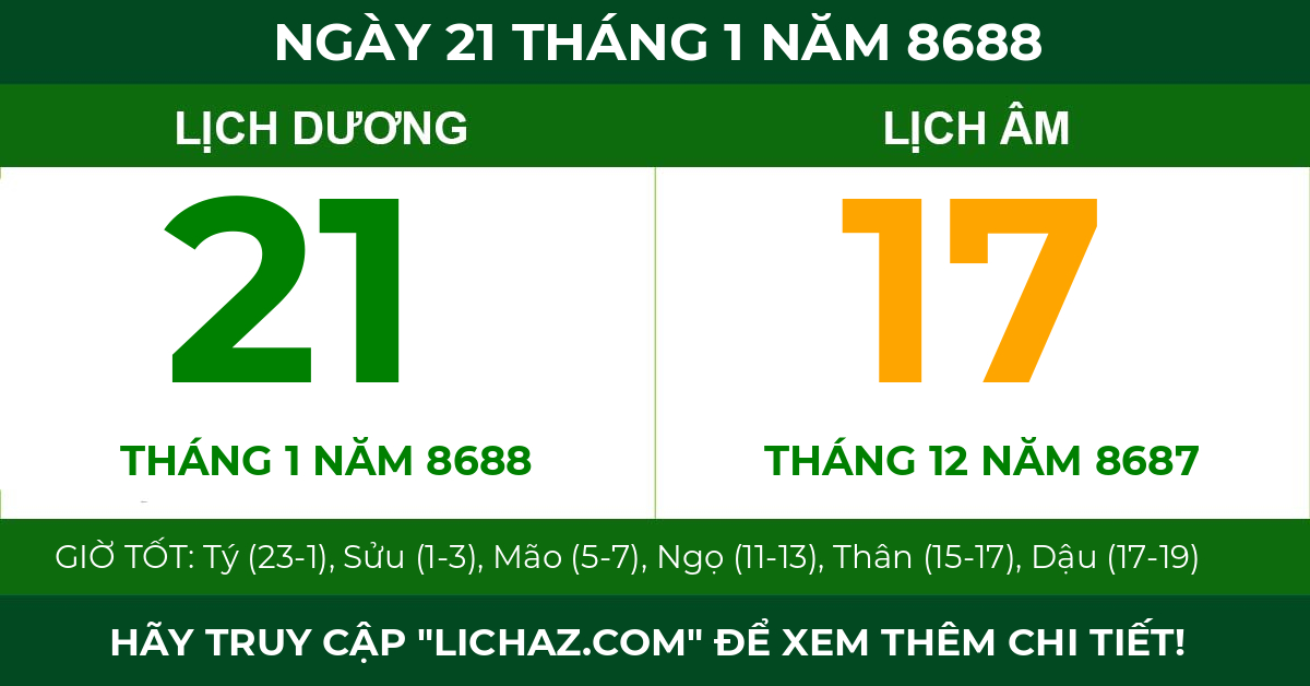 lịch âm ngày 21 tháng 1 năm 8688