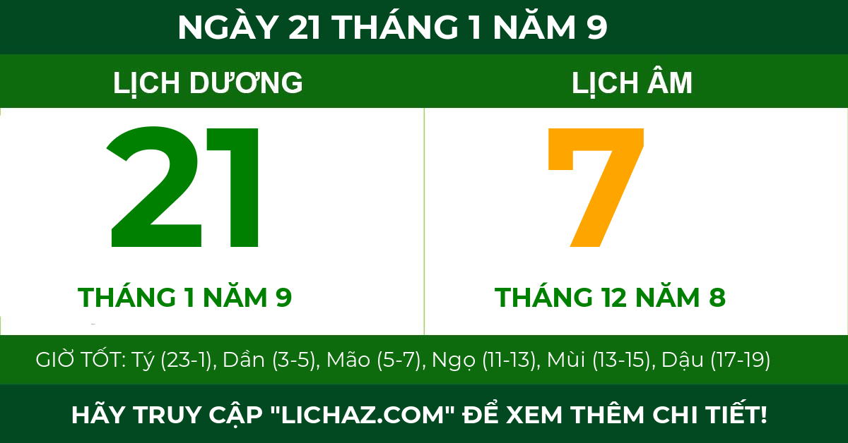 lịch âm ngày 21 tháng 1 năm 9