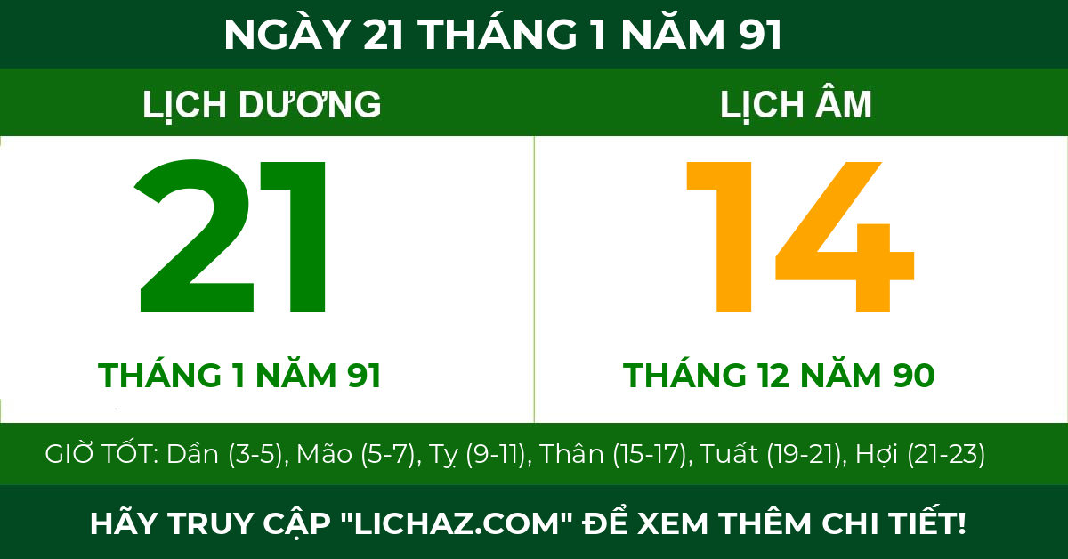 lịch âm ngày 21 tháng 1 năm 91