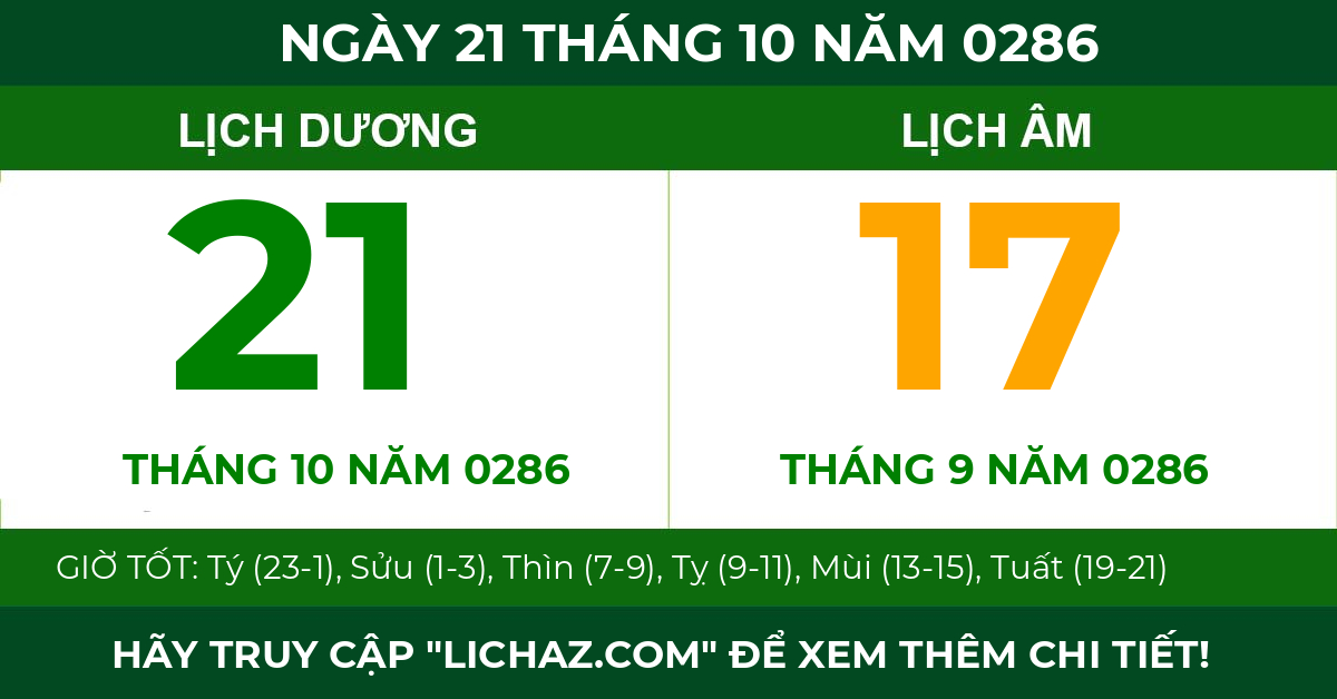lịch âm ngày 21 tháng 10 năm 0286