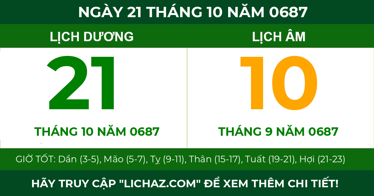 lịch âm ngày 21 tháng 10 năm 0687