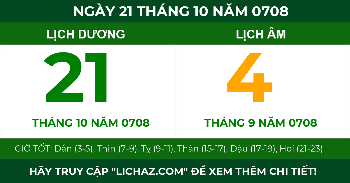 lịch âm ngày 21 tháng 10 năm 0708