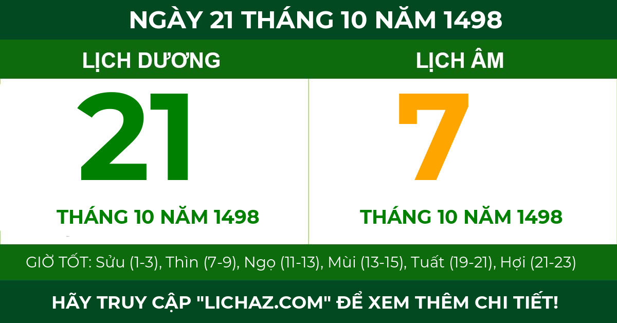 lịch âm ngày 21 tháng 10 năm 1498