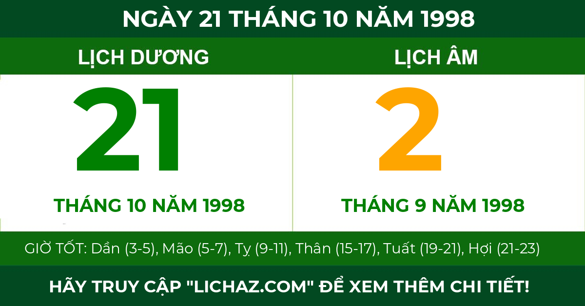 lịch âm ngày 21 tháng 10 năm 1998