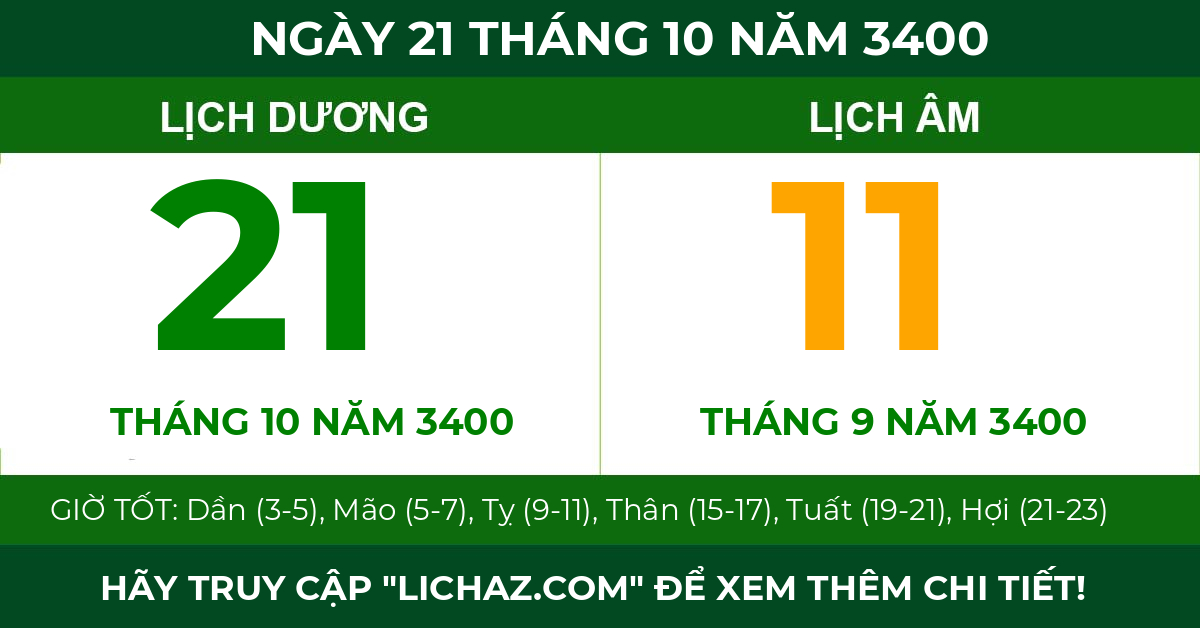 lịch âm ngày 21 tháng 10 năm 3400