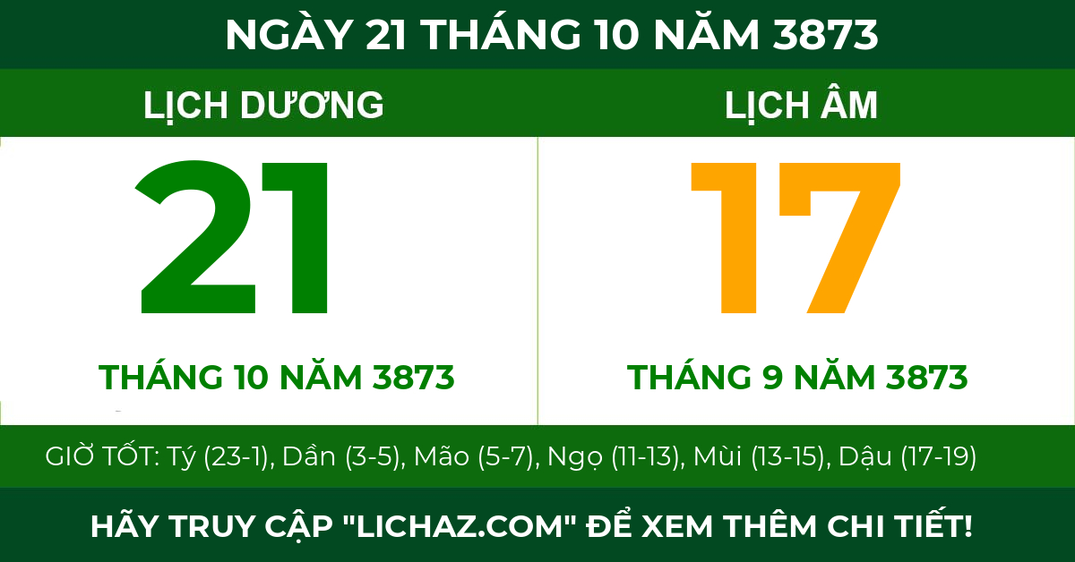 lịch âm ngày 21 tháng 10 năm 3873
