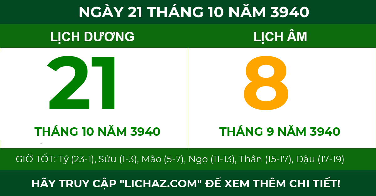 lịch âm ngày 21 tháng 10 năm 3940