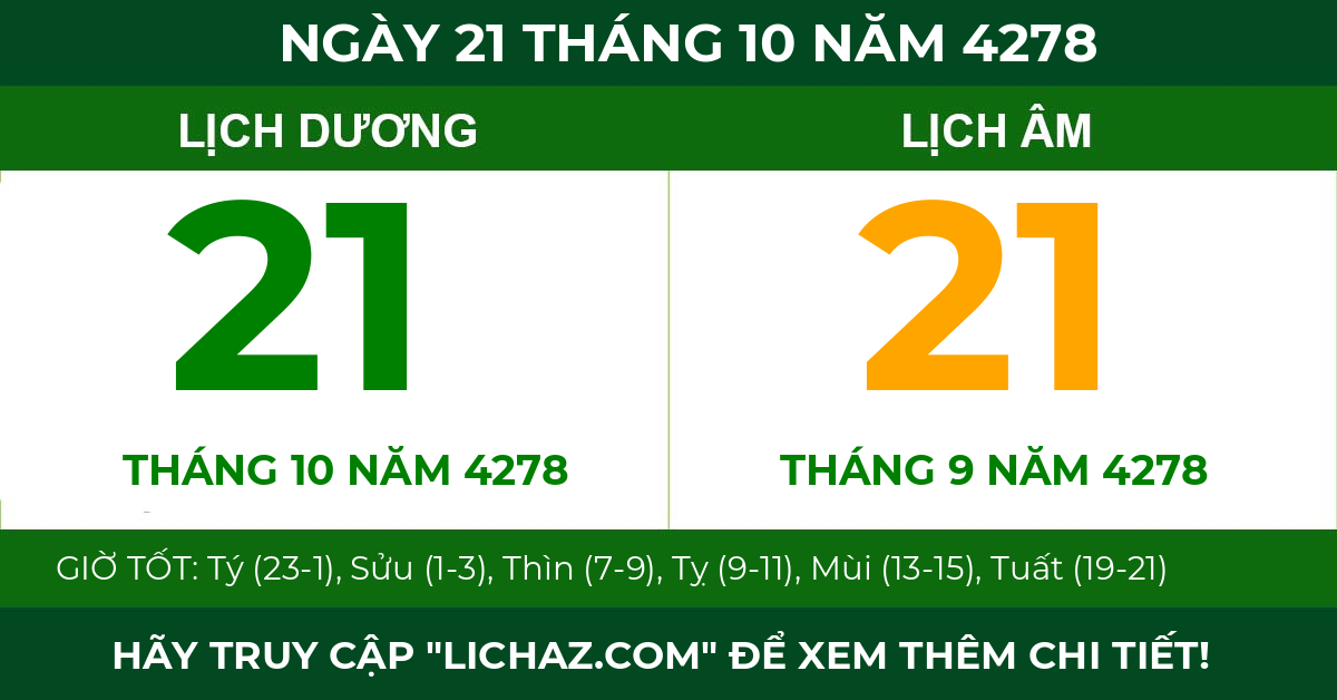 lịch âm ngày 21 tháng 10 năm 4278