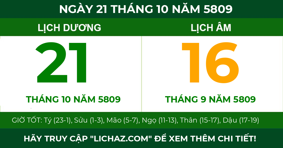 lịch âm ngày 21 tháng 10 năm 5809